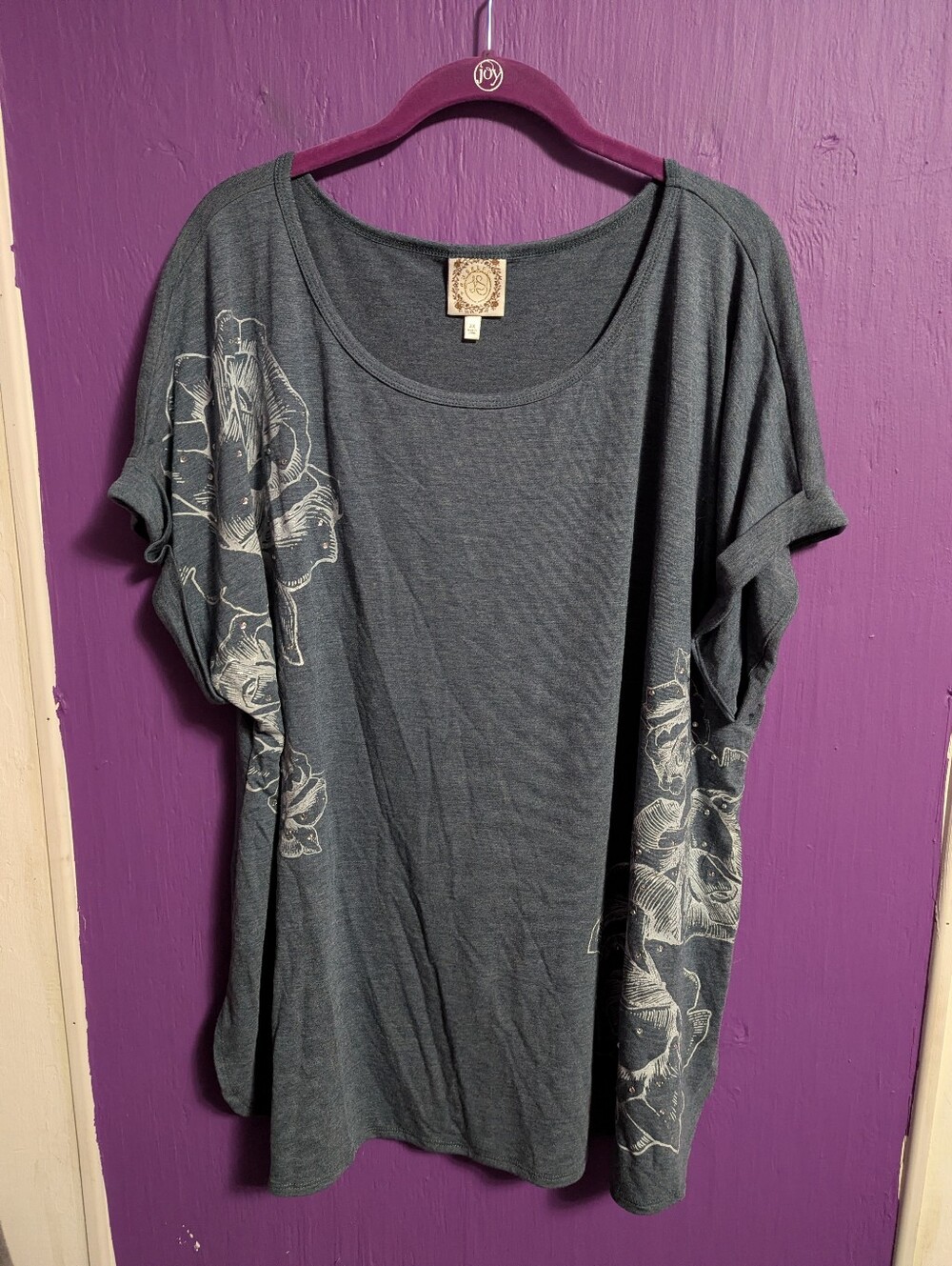 46. Truself Heathered Blue Floral Gem Shimmer Short Cuffed Sleeve Top 3X 22 24